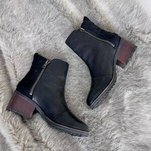 Sorel Cate Waterproof Leather Suede Bootie, Size 7.5, Black, Side Zip Block Heel